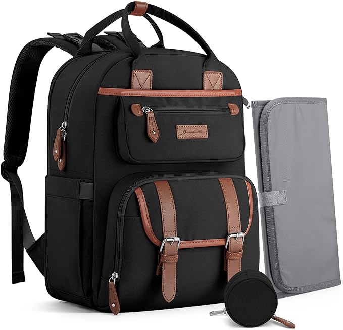 Maelstrom Diaper Bag Backpack,Baby Bag,23L-30L Expandable Diaper Backpack for Mom Dad,Travel Essentials Baby Bag with Changing Pad&Stroller Clips & Pacifier Bag,Black