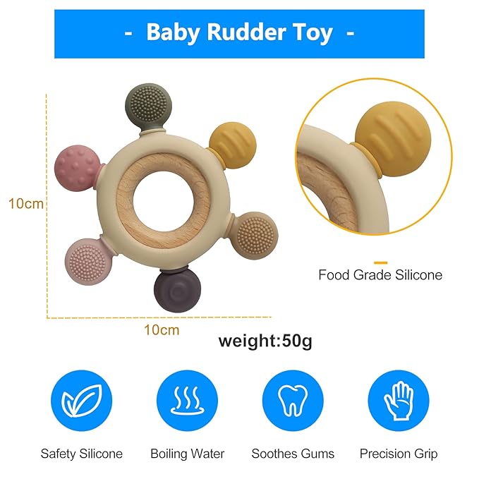 Baby Teething Toys Silicone Teethers BPA Free Silicone Rudder with Wooden Ring Soothe Babies Gums (Khaki)