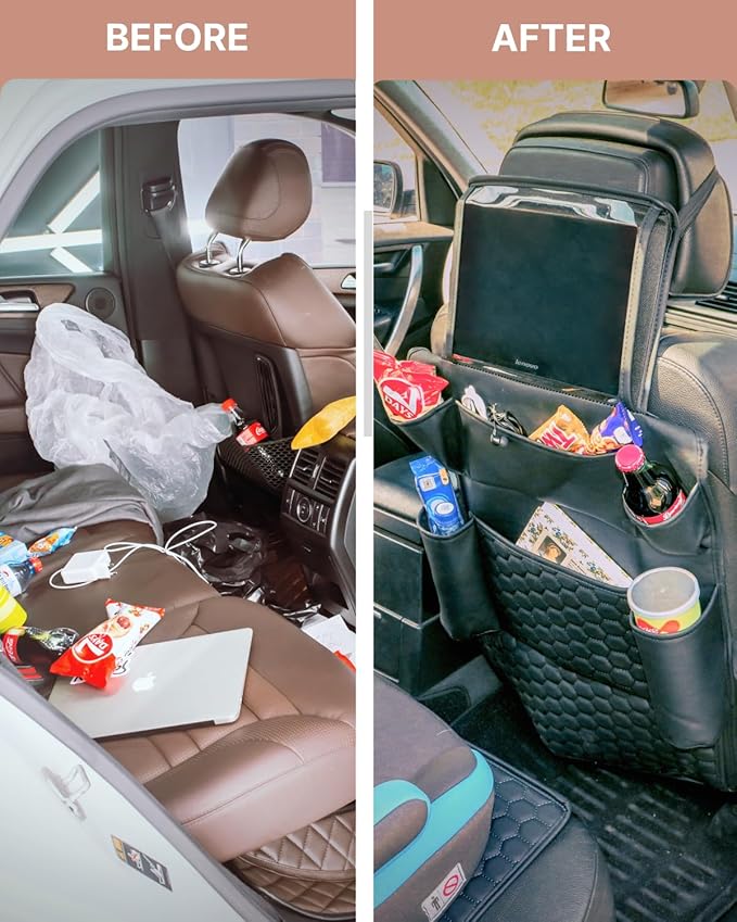 Owleys Back of Seat Organizer for Kids with Transparent Tablet Pocket & 8 Compartments | 27.5"x18.5" | Black Travel Accessory for SUV, Truck, Sedan, Van, Jeep