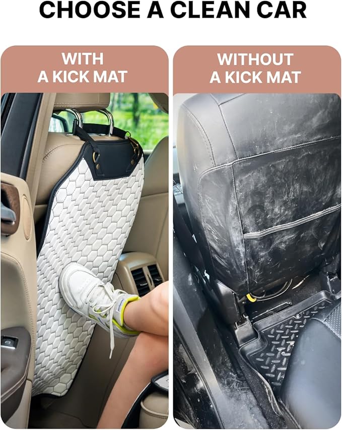 Owleys Kick Mats - Luxury Eco-Leather Back Seat Covers 27.5"x 19" - Waterproof Car Protectors for Kids Feet - Premium Gift for Family Cars SUV Sedan Truck - 2-Pack White