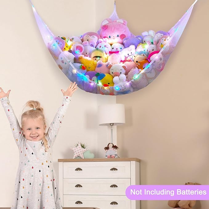 Unicorn Castle Stuffed Animals Net or Hammock Kids Toy Storage Organizer with LED Light Hanging Corner Stuffed Animals Holder Kids Girls Room Decor (Pack of 1)