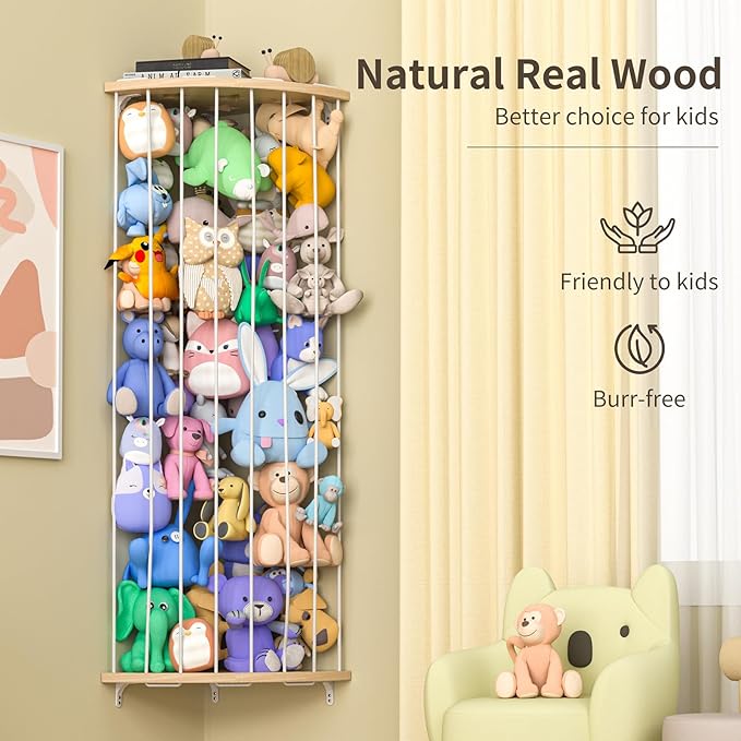 Stuffed Animal Storage Wood Corner Plush Toys Holder with Star Pattern, Length Adjustable Hanging Stuffed Animal Toy Organizer Shelf for Nursery Play Room Bedroom Kid Room