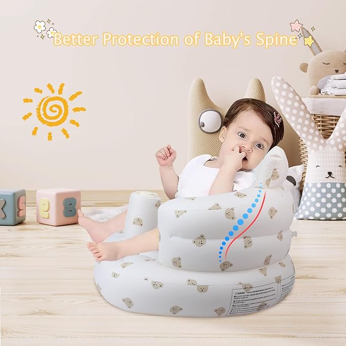 Baby Inflatable Seat with Suction Cups for Babies 3 Months & Up, Baby Floor Seats for Sitting Up with Built in Air Pump, Blow Up Baby Chair for Infants - Bear Head