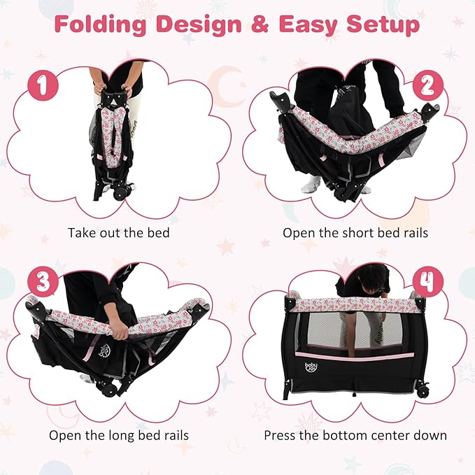 BABY JOY 4 in 1 Pack and Play, Portable Baby Playard with Bassinet & Flip-Away Changing Table, Canopy, Infant Bassinet with Storage Basket, Oxford Bag from Newborn to Toddlers (Pink Flower)