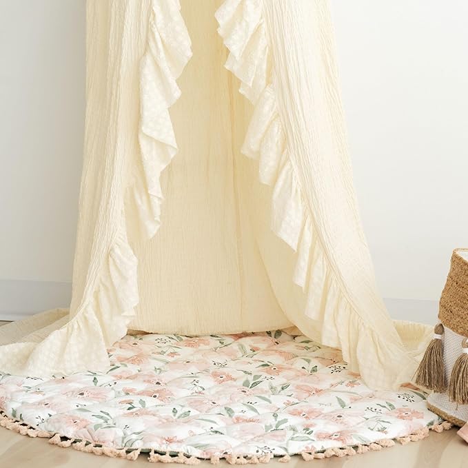 Crane Beige Ruffled Baby Crib Canopy - 118" Tall, Boho Style for Girls & Boys Rooms, Nursery & Playroom Decor