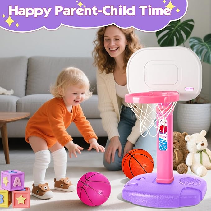AOKESI Toddler Pink Basketball Hoop Indoor Outdoor Age 1-3, Adjustable Kids Mini Basketball Hoop Outside, Girls Basketball Goal Sport Toys for 1 2 3 4 5 Year Old Baby Girl Birthday Gifts