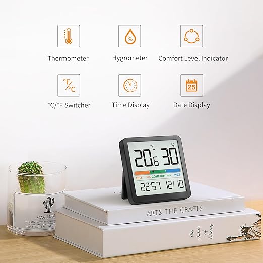 NOKLEAD Hygrometer Indoor Thermometer, Desktop Digital Thermometer with Temperature and Humidity Monitor, Accurate Humidity Gauge Room Thermometer with Clock (Black)