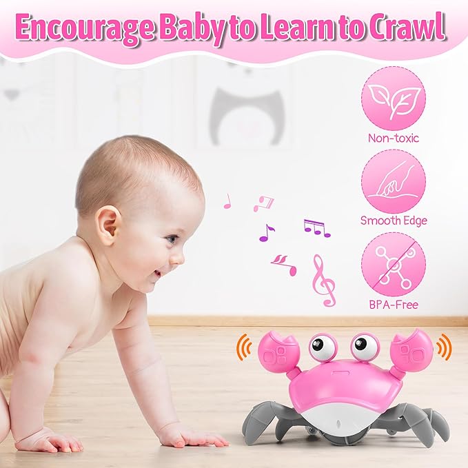 Crawling Crab Baby Girl Toy: Tummy Time Toys for Infant 3 6 9 12 18 24 36 Months, Pink Walking Dancing Sensing Crab for Toddler Age 1 2 3, 1st Music Birthday Gift for Girl, Christmas Stocking Stuffers