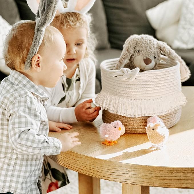 CherryNow Small Woven Storage Baskets Cotton and Jute Rope Decorative Hamper for Diaper, Blankets, Magazine and Keys, Cute Tassel Nursery Decor - Home Storage Container – 9.5'' x 7''