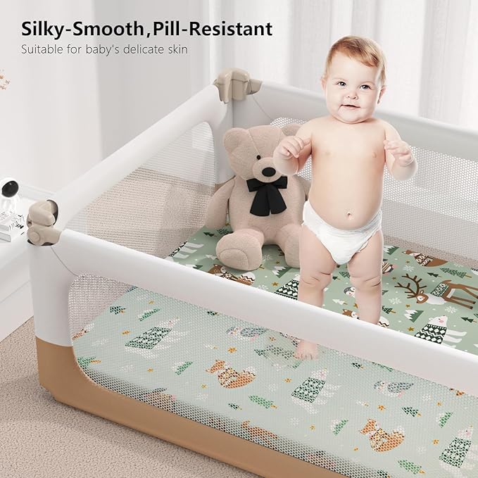 Pack N Play Sheets Fitted, 2-Pack Fit for Standard Pack N Play Mattress, Mini Crib Sheets,Breathable Soft Unisex Playard Sheets (Polar Bear & Green Rainbow)