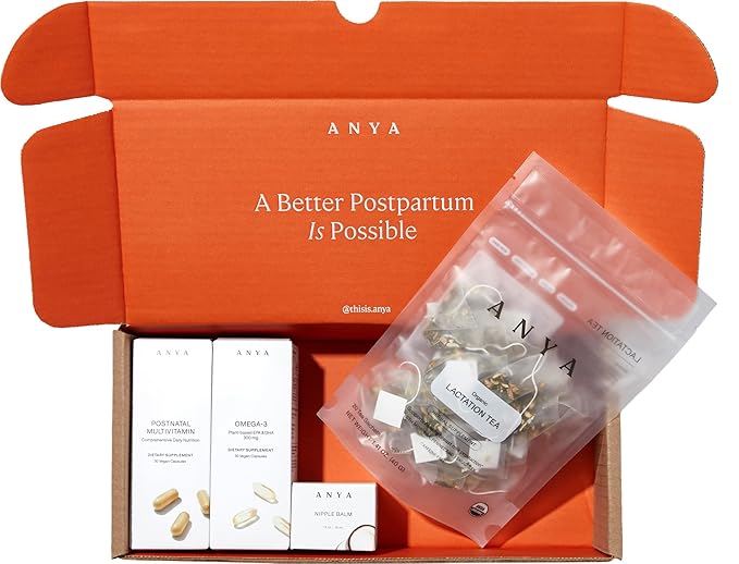 ANYA New Mom Breastfeeding Essentials Kit for Postpartum Recovery | Baby Registry Gift Set | Wellness Care Package with Postnatal Multivitamin, Omega-3, Organic Lactation Tea & Organic Nipple Balm