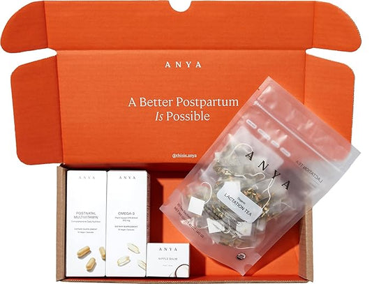 ANYA New Mom Breastfeeding Essentials Kit for Postpartum Recovery | Baby Registry Gift Set | Wellness Care Package with Postnatal Multivitamin, Omega-3, Organic Lactation Tea & Organic Nipple Balm