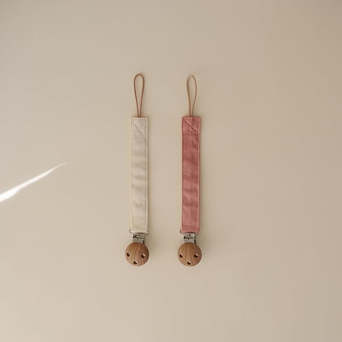 mushie Linen Baby Pacifier Clip Holder | Soft Fabric Strap, 2-Pack (Dusty Rose/Shifting Sand)