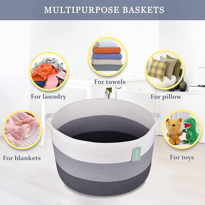 Extra Large Blanket Basket 87L, Laundry Hamper, Baby Nursery Hamper for Storage Toys Clothes Towels, Large Cotton Rope Laundry Basket for Girls Boys, 22”x 14”, White & Gray