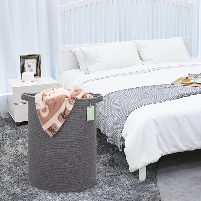 Large Cotton Rope Laundry Hamper 72L, Tall Baby Nursery Hamper, Woven Storage Basket for Living Room Bedroom, Laundry Basket for Storage Toys Clothes Towels, 16”x 22”, Dark Gray