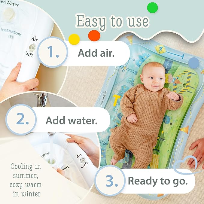 Tummy Time Water Mat for Babies – XXL Sensory Baby Water Play Mat – Award-Winning Infant Activity Mat for Motor Development – Premium, Baby-Safe Water Tummy Time Mat – Construction Site
