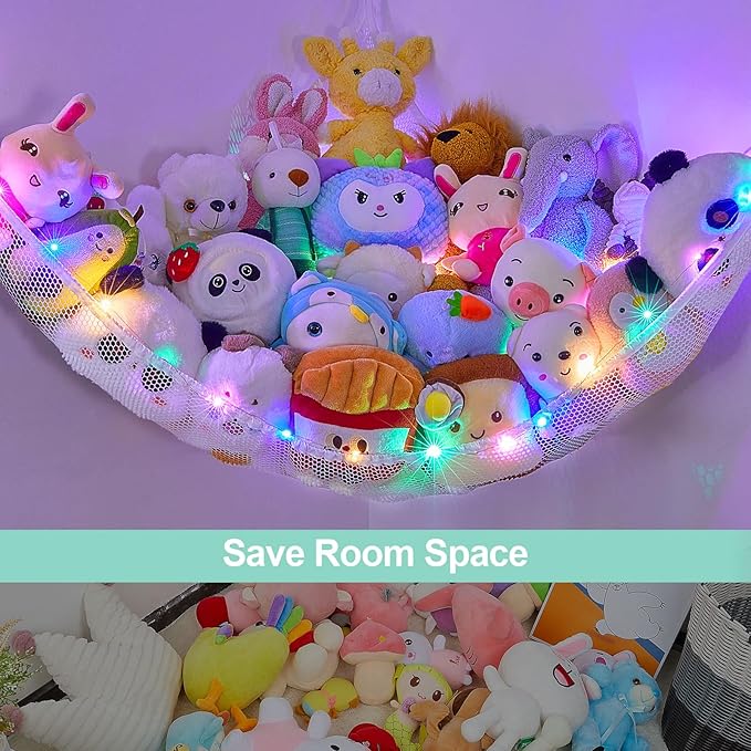 Unicorn Castle Stuffed Animals Net or Hammock Kids Toy Storage Organizer with LED Light Hanging Corner Stuffed Animals Holder Kids Girls Room Decor (Pack of 1)
