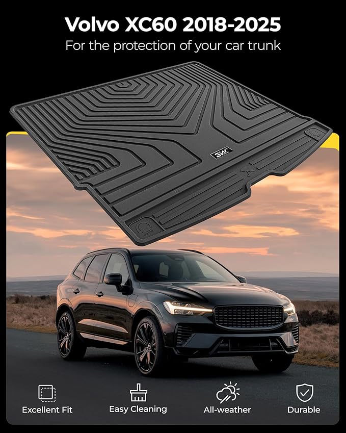 3W Cargo Liner Fit Volvo XC60 2018-2024 2025 2026 TPE All Weather Custom Fit Volvo XC60 Tunk Mat Accessories Black