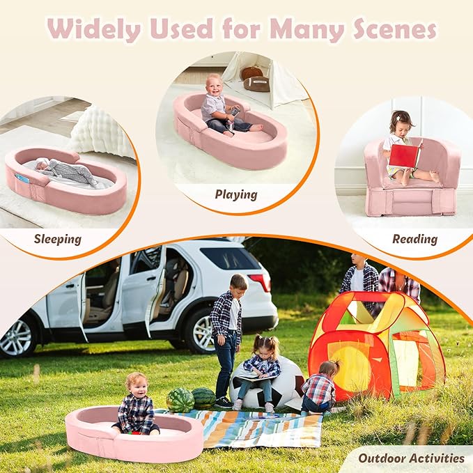 QUCHI Toddler Travel Bed - Portable & Foldable 2-in-1 Travel Cot, Soft Foam with Washable Cover, Convertible Sofa for Toddlers & Kids, Indoor & Outdoor Use