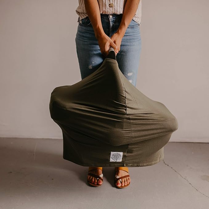 Parker Baby 4 in 1 Car Seat Cover for Girls and Boys - Stretchy Carseat Canopy, Nursing Cover, Grocery Cart Cover, High Chair Cover - “Pine”