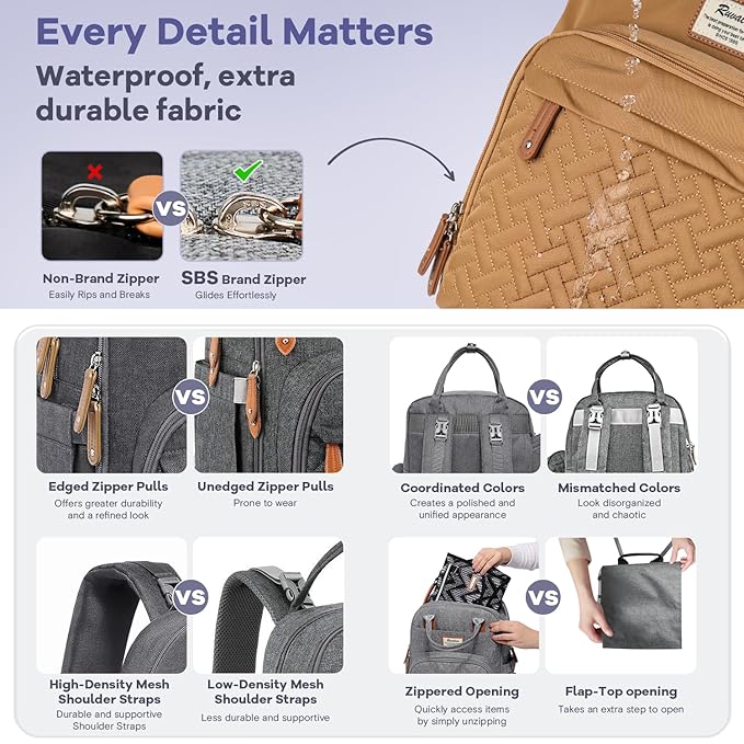 RUVALINO Diaper Bag Backpack, Multifunction Travel Pack Maternity Baby Changing Bags, Large Capacity, Waterproof, Golden Brown