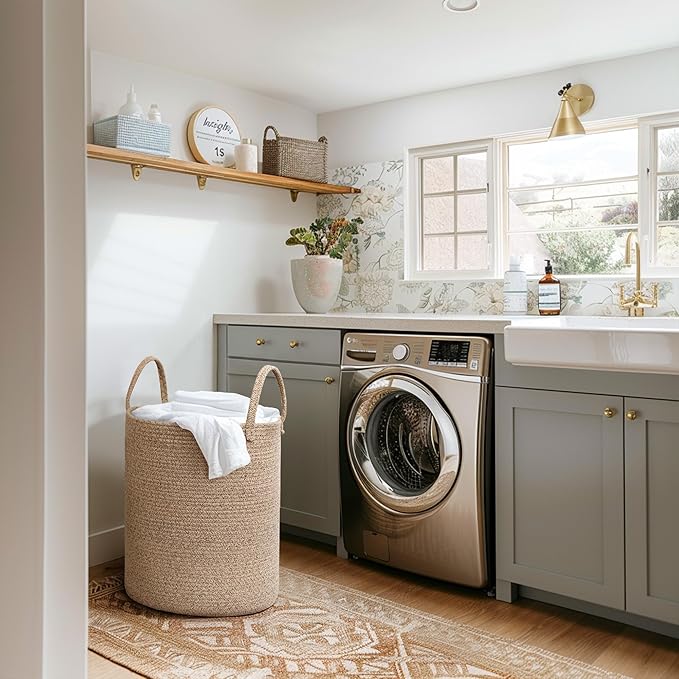 Large Woven Laundry Basket, 15"x18" Tall Blanket Storage for Living Room, Cute Nursery Kids Baby Laundry Hamper, Wicker Hamper for Bedroom Aesthetic, Cotton Rope Dirty Clothes Decor Basket