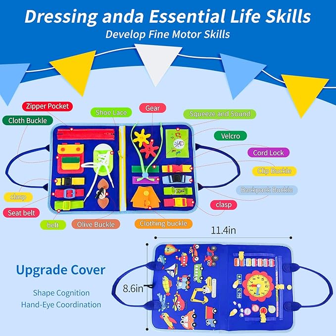 Montessori Busy Board for Toddlers Children's Sensory Toys, Buttons & Laces Develop Fine Motor Skills Travel-Friendly Learning Activity Board, for Kids