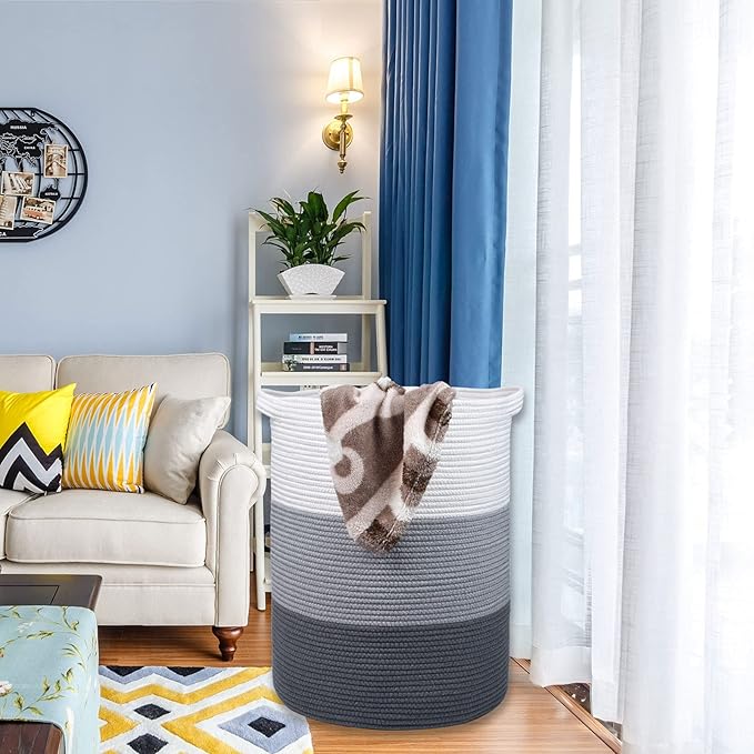 Large Laundry Hamper for Girls Boys Kids 72L, Nursery Hamper, Tall Laundry Basket, Cotton Rope Woven Blanket Basket for Storage Toys Clothes Towels, 16”x 22”, White & Gray