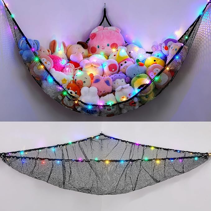 Unicorn Castle Stuffed Animals Net or Hammock Kids Toy Storage Organizer with LED Light Hanging Corner Stuffed Animals Holder Kids Girls Room Decor,Black,XL-Large-Pack of 1
