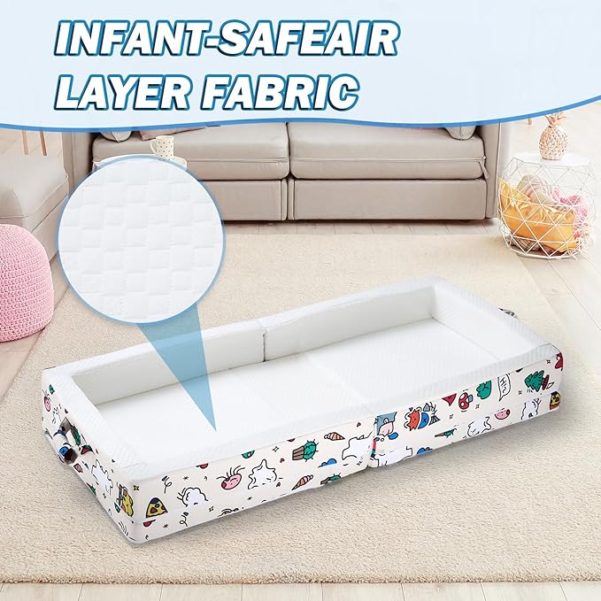 Portable Foldable Toddler Travel Bed – Air Layer Fabric Soft Foam Floor Crib with Safety Rails, No Assembly, Washable Cover, Compact Kids Sleep Solution for Home, Trips & Daycare, Cream