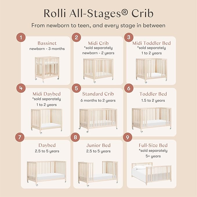 babyletto Rolli 9-in-1 Convertible Baby Crib w/Wheels - Includes Conversion Kits for Bassinet, Standard Crib, Toddler Bed, Daybed & Junior Bed - GREENGUARD Gold - 3 Adjustable Heights, Washed Natural