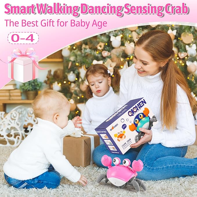 Crawling Crab Baby Girl Toy: Tummy Time Toys for Infant 3 6 9 12 18 24 36 Months, Pink Walking Dancing Sensing Crab for Toddler Age 1 2 3, 1st Music Birthday Gift for Girl, Christmas Stocking Stuffers