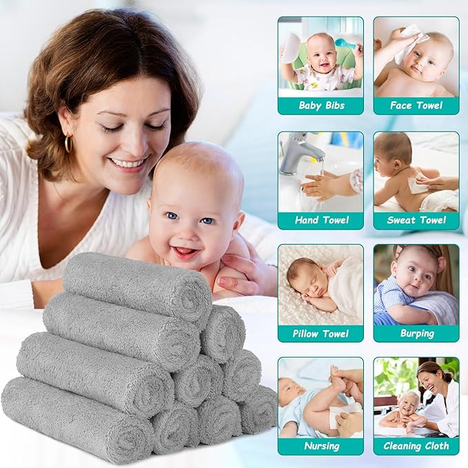 HOMEXCEL Baby Washcloths 12 Pack-Microfiber Coral Fleece Baby Bath Face Towel 7 x 9 Inch Extra Absorbent Soft Burp Cloth and Wash Cloths for Newborn-Infants and Toddlers-Gentle On Sensitive Skin,Grey