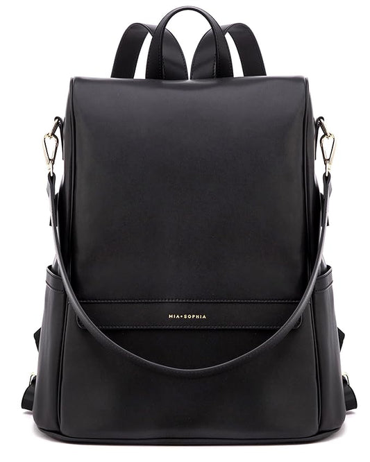 MIA + SOPHIA Leather Diaper Bag Backpack with USB Charging port, Changing Pad, Stroller Straps (Black Mia)