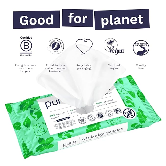 Pura Natural Sensitive Baby Wipes, 99% Water, Unscented & Hypoallergenic, Suitable for Sensitive & Eczema-prone Skin, Fragrance Free & Hypoallergenic, EWG Verified, 1 Pack of 60 Wet Wipes