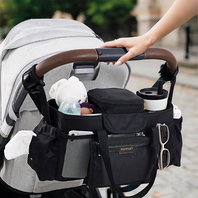 Momcozy Extra Large Stroller Organizer Max | with Food Grade Pacifier Teether Bag | 2 Insulated Cup Holder | Silicone Anti-Slip Straps | 3-Way Usage | Detachable Small Pouch | for UPPAbaby/Doona