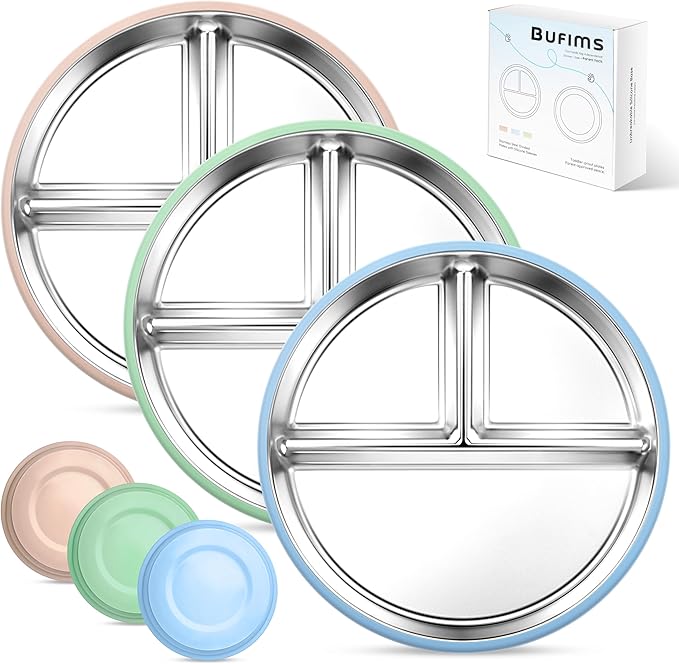 3 Pack Stainless Steel Baby Suction Plates – Divided Toddler Plates for Baby Led Weaning | Strong Non-Slip Silicone Base, Unbreakable, BPA-Free, Dishwasher Safe Feeding Set (Pink, Blue, Green)