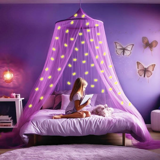 Purple Canopy for Girls Bed with Pre-Glued Glow in The Dark Unicorns - Princess Mosquito Net Room Decor - Kids & Baby Bedroom Tent with Galaxy Lights - 1 Opening Canopy Bed & Hanging Kit Included