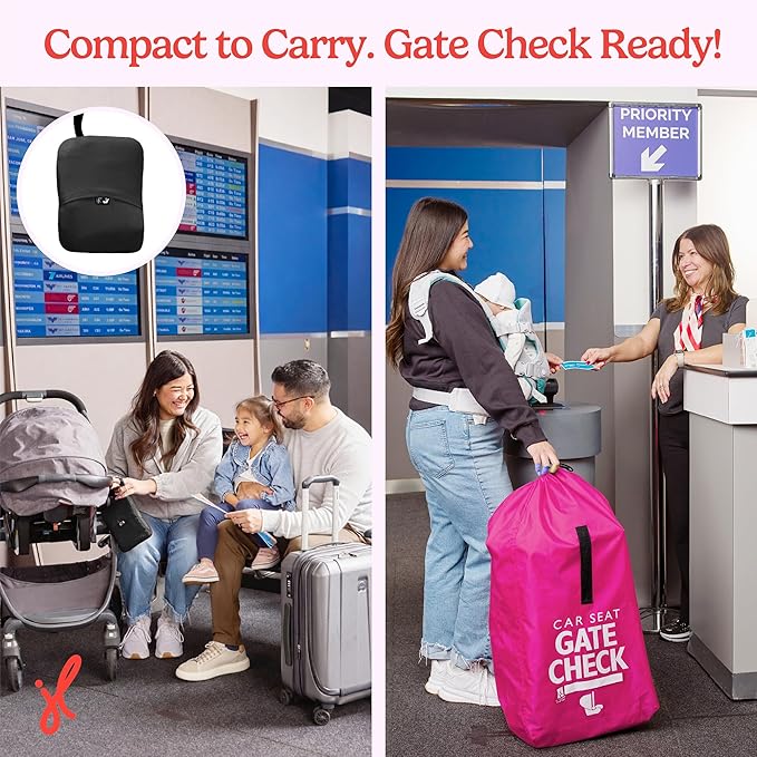 J.L. Childress Gate Check Travel Bag for Car Seats - Car Seat Travel Bag for Airplane, Includes AIRTAG Holder, Fits All Baby Car Infant Carriers & Child Booster Seats - Neon Pink