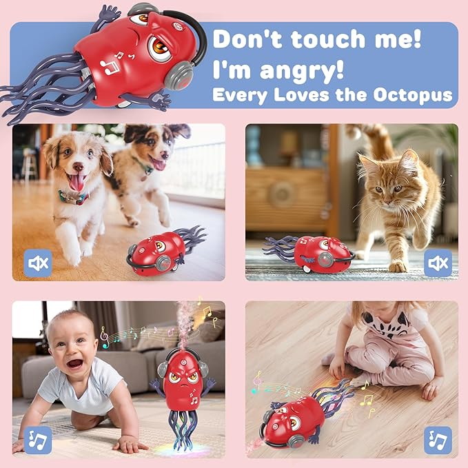 Dancing Squid Toy with Spray, Dancing Octopus Crawling Toys with Music and Lights, Electric Crawling Octopus Baby Toy, Tummy Time Squid Toys, Birthday Baby Gifts Christmas Stocking Stuffers (Red)