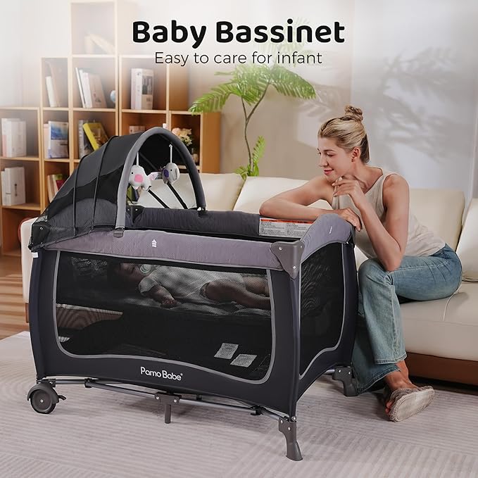 Pamo Babe Baby Playard with Canopy, Portable Crib with Changing Table