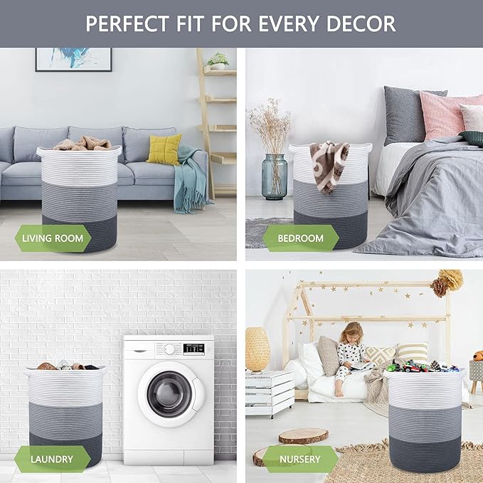 Large Laundry Hamper for Girls Boys Kids 72L, Nursery Hamper, Tall Laundry Basket, Cotton Rope Woven Blanket Basket for Storage Toys Clothes Towels, 16”x 22”, White & Gray