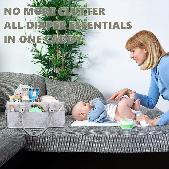 Baby Diaper Caddy Organizer with Handle - Gender Neutral Nursery Storage Bin Basket - Portable Tote Bag - Car Organizer - Newborn Essentials - Grey