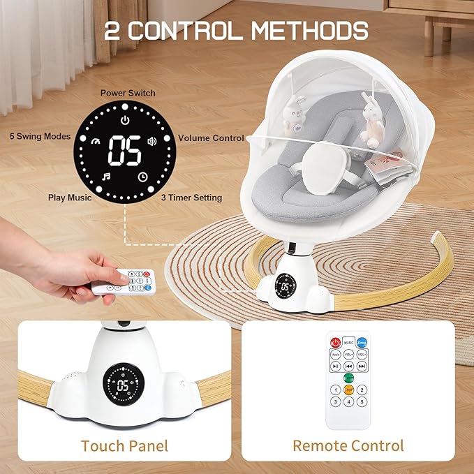 Baby Swing for Infants, Portable Electric Baby Swings with Bluetooth, 5 Swing Speed, 10 Lullabies, 5-Point Harness, Remote Control & Touch Panel - Infant Swing for Indoor & Outdoor Use, Wood Grain