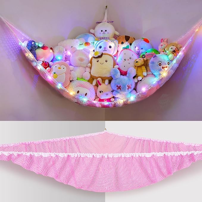 Unicorn Castle Stuffed Animals Net or Hammock Kids Toy Storage Organizer with LED Light Hanging Corner Stuffed Animals Holder Kids Girls Room Decor (Pack of 1)