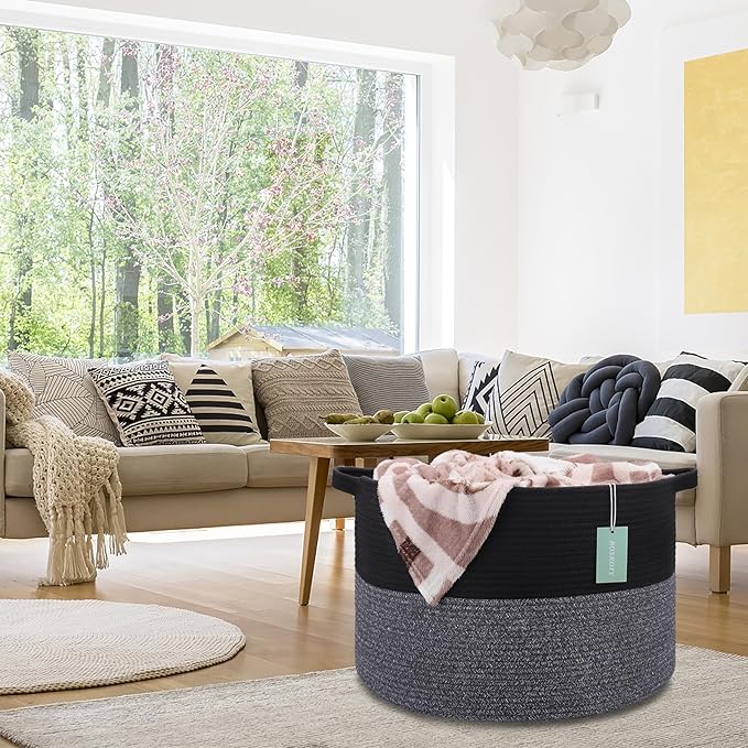 Extra Large Blanket Basket 87L, Laundry Hamper, Baby Nursery Hamper for Storage Toys Clothes Towels, Large Cotton Rope Laundry Basket for Girls Boys, 22”x 14”, Black & Gray