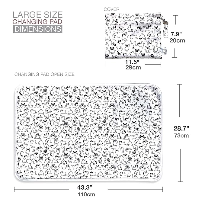 Flock Three Waterproof Baby Diaper Changing Pad with Storage Bag (43.3" X 28.7") Washable Wipeable Reusable Leak Proof Diaper Travel Mat Station Changing Mattress Liner Cribs Bed Cover, Dogs