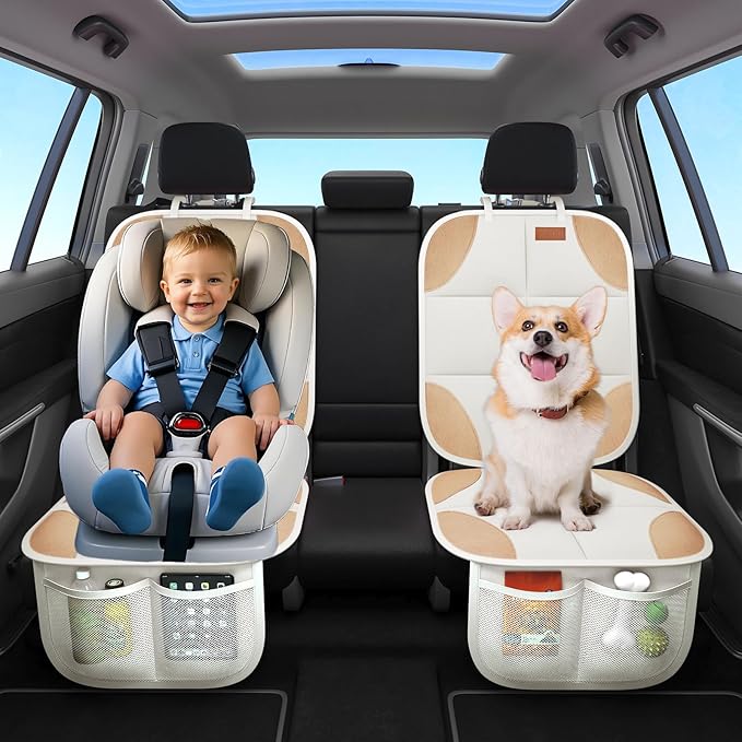 SMART ELF Car Seat Protector, 2Pack Seat Protector Protect Child Seats with Thickest Padding and Non-Slip Backing Mesh Pockets for Baby and Pet,Sedan SUV Truck (Beige Brown)