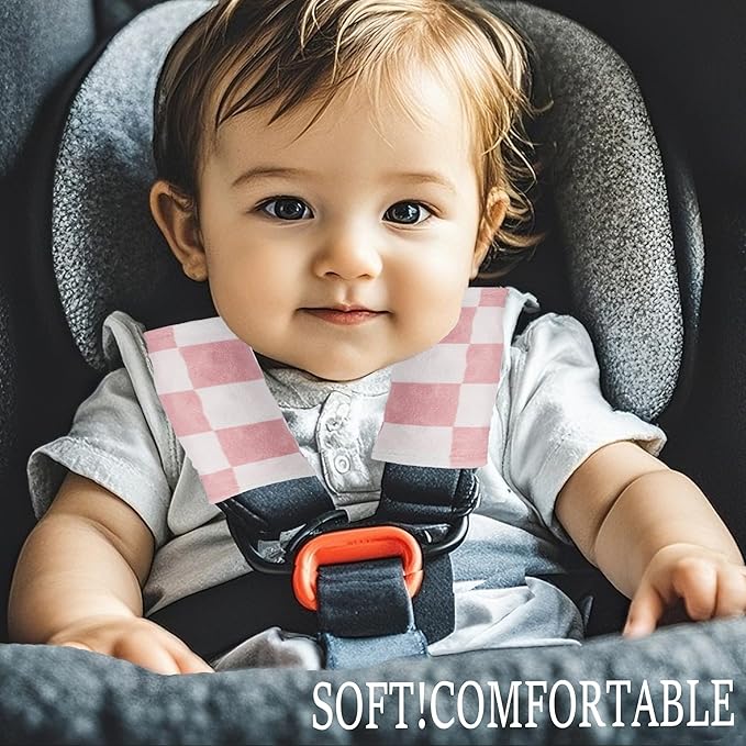 Carseat Strap Covers for Babies, Ultra Soft Double-Sided Use Shoulder Covers, 2 Pack Infant Seat Belt Covers for Car Seats/Strollers/High Chairs, for Baby Toddler Infant Boy Girl, Pink Checkered