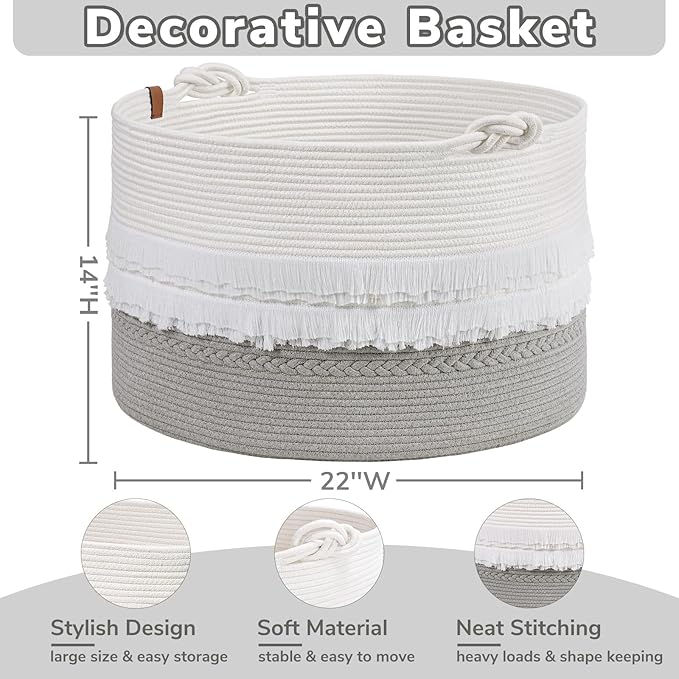 CherryNow Extra Large Rope Basket for Toys, Grey Blanket Basket for Living Room, Entryway, Nursery Laundry Baskets for Clothes, 22 x 14 inches, 83L